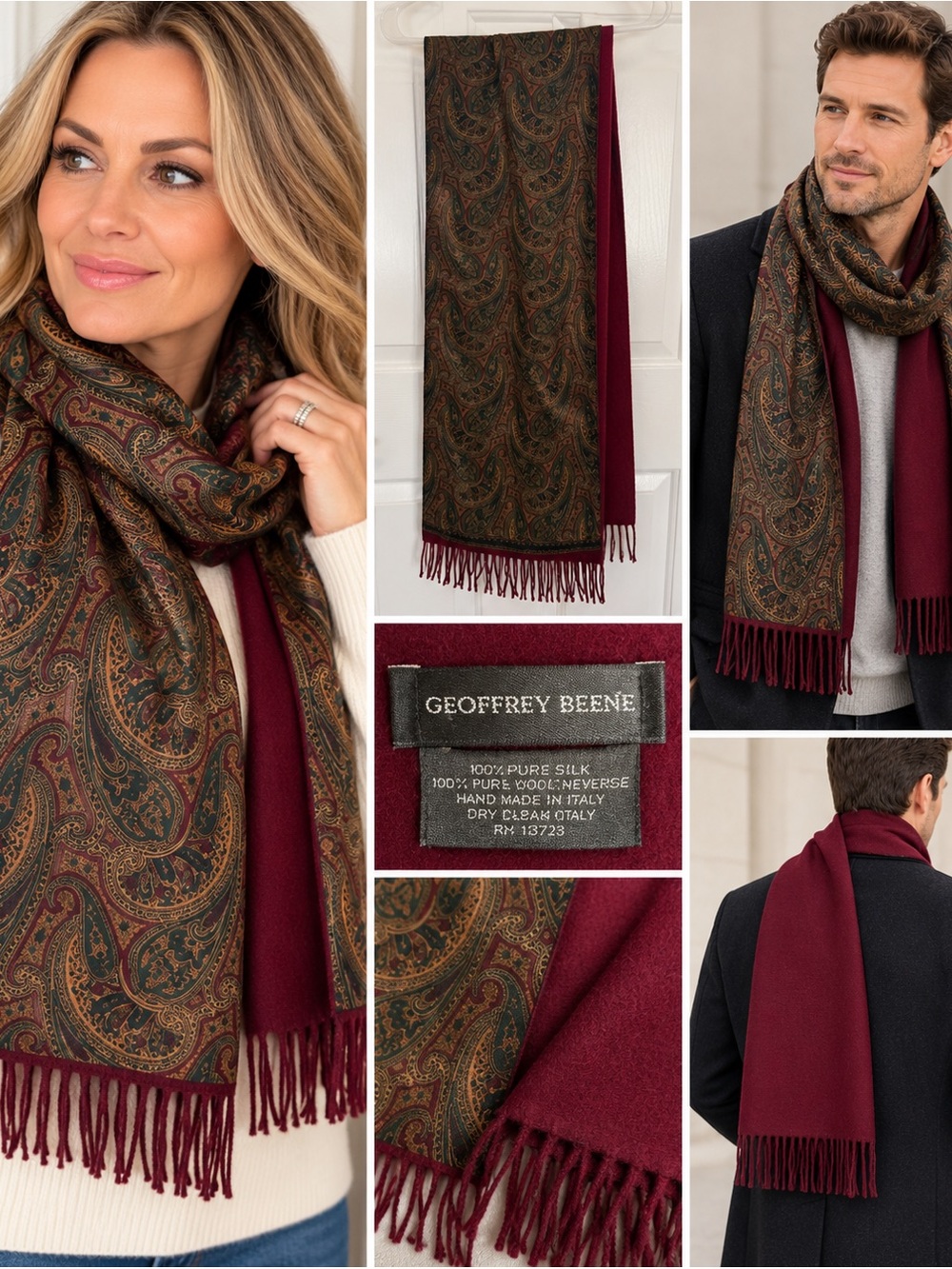 Geoffrey Beene 100% Silk & 100% Wool Reversible Paisley Scarf